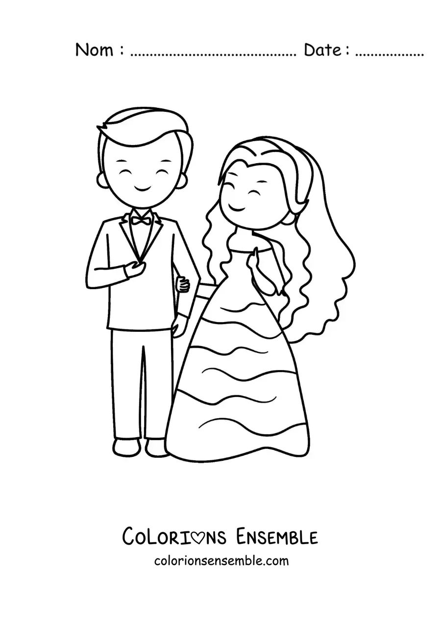 Image à colorier d’un couple en dessin animé le jour de leur mariage