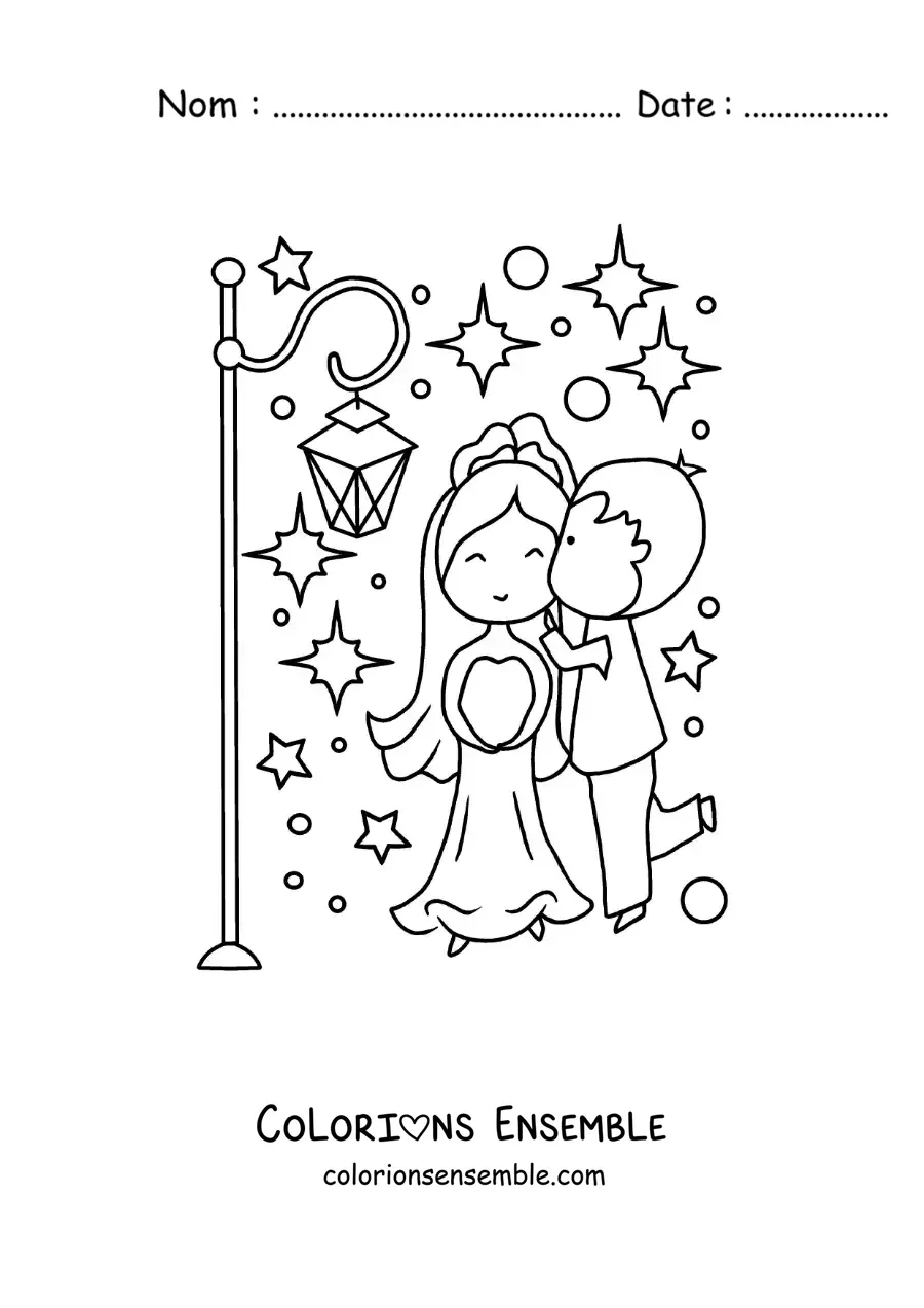 Image à colorier d’un tendre couple le jour de leur mariage avec des étoiles