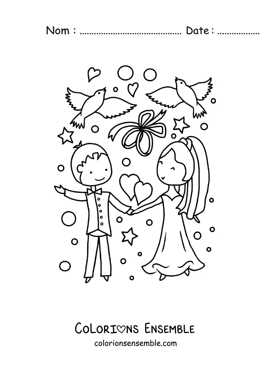 Image à colorier d’un tendre couple en dessin animé à leur mariage avec des cœurs et des colombes