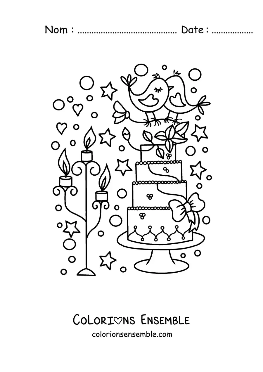 Image à colorier d’un beau gâteau de mariage en dessin animé