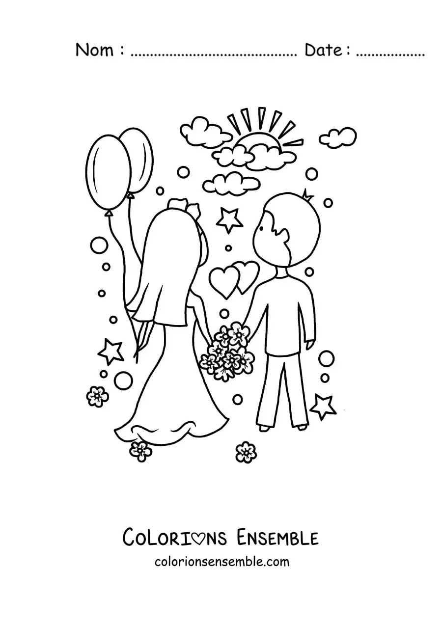 Image à colorier d’un couple de jeunes mariés le jour de leur mariage avec des cœurs et des fleurs