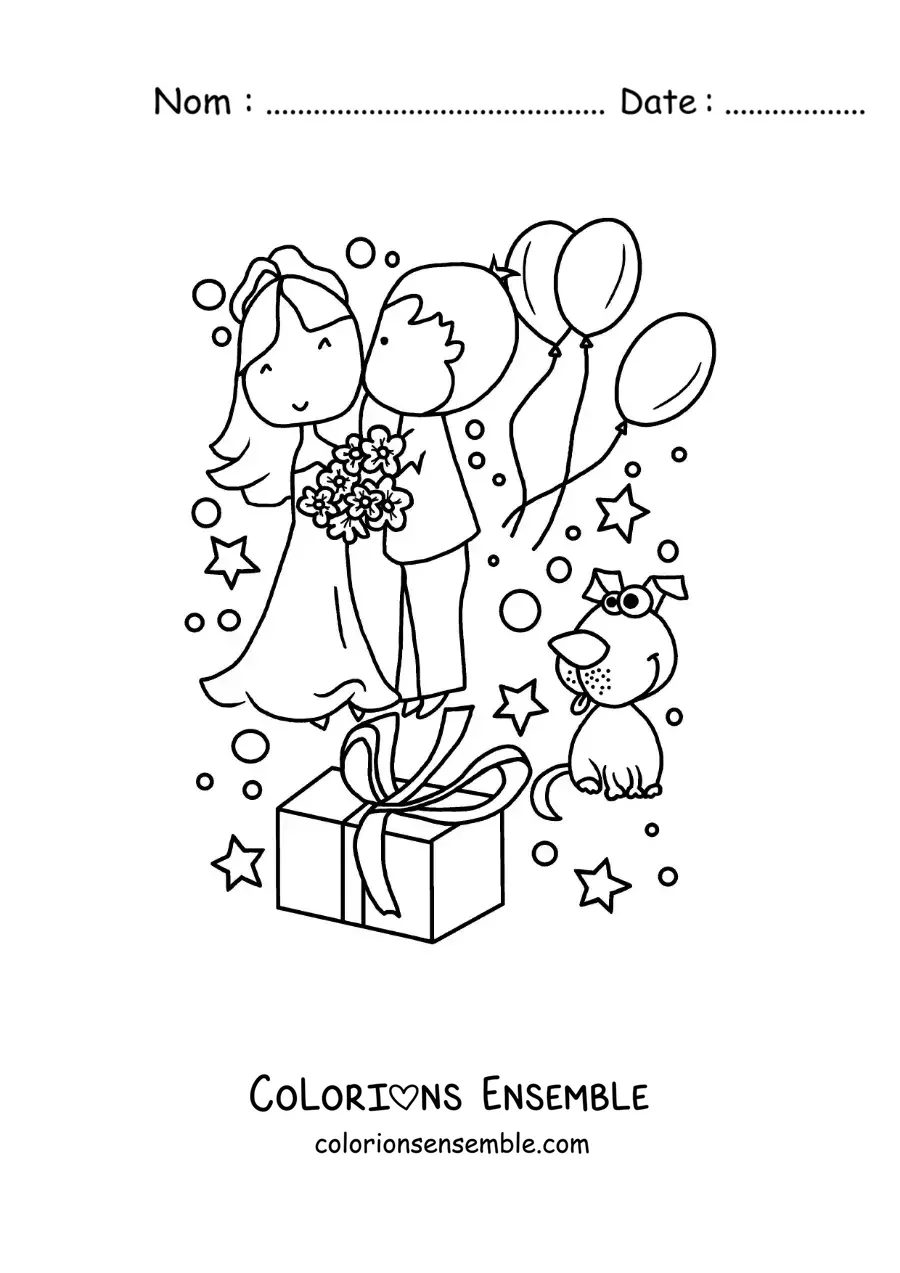 Image à colorier d’un couple en dessin animé à leur mariage avec des cadeaux