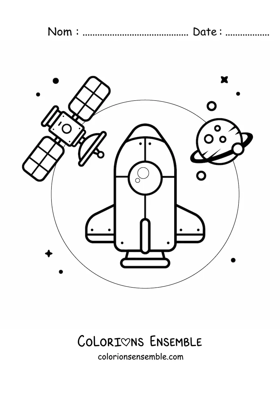 Image à colorier d'une fusée dans l'espace, à côté d'un satellite et d'une planète