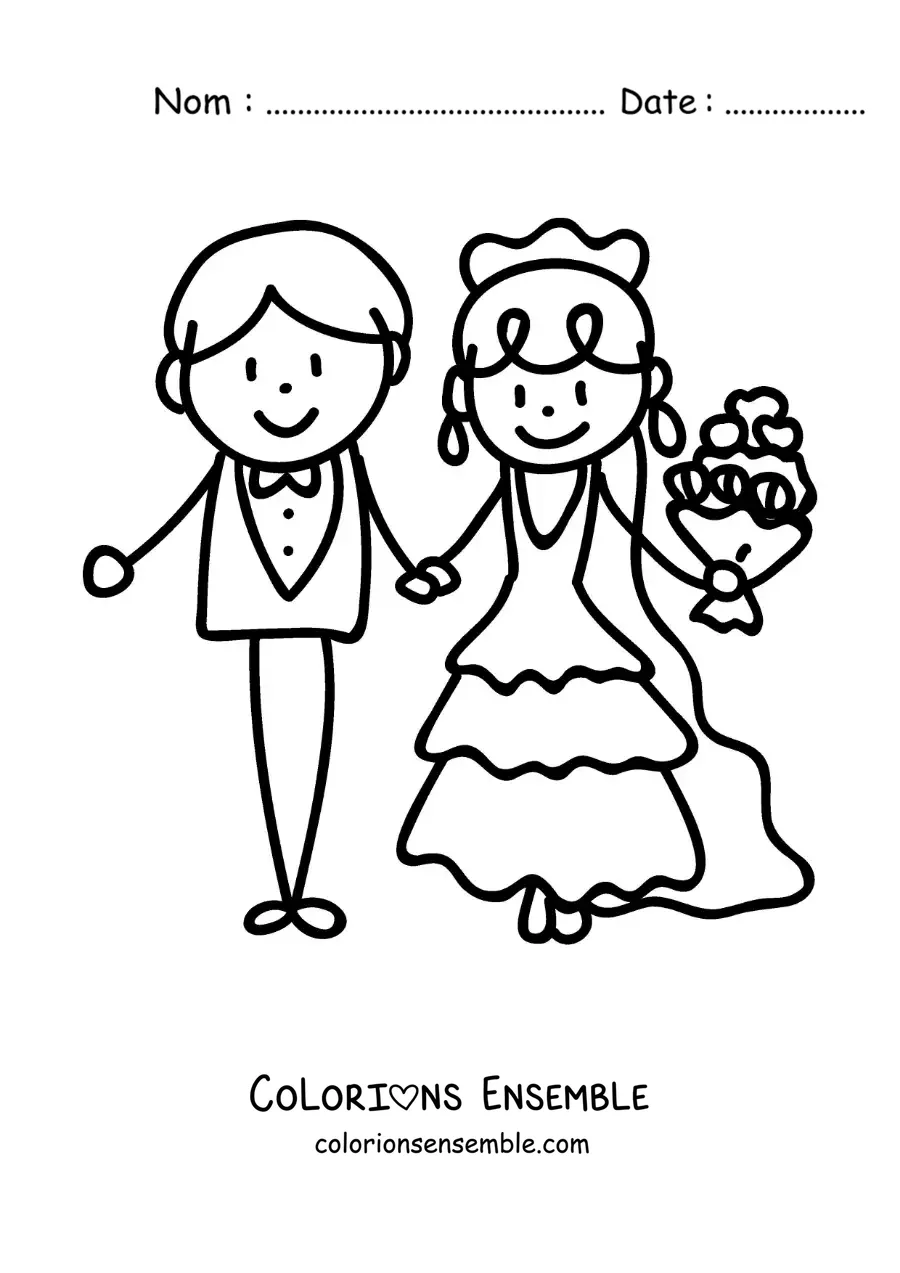 Image à colorier d’un mariage en dessin animé