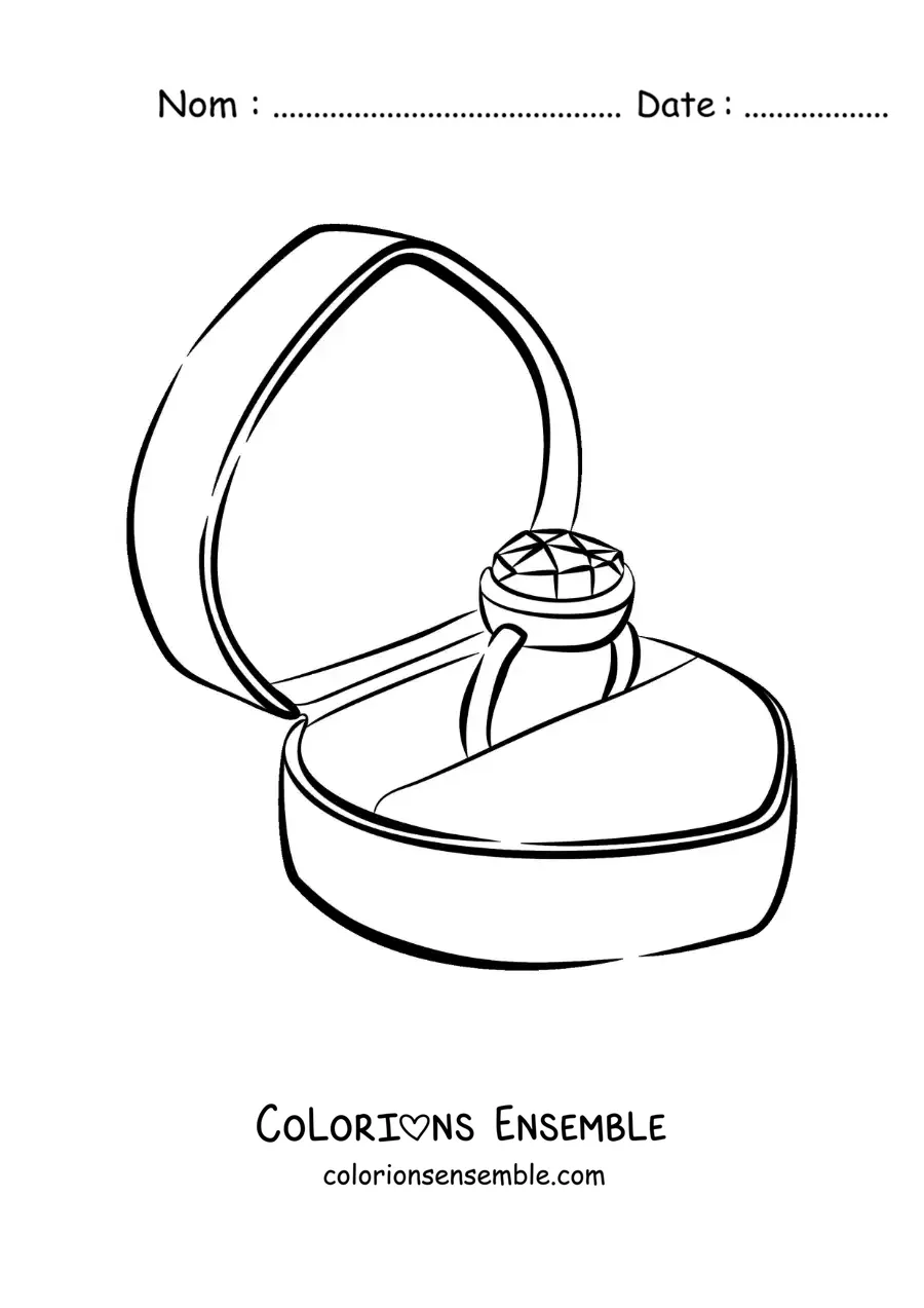 Image à colorier d’une bague de fiançailles dans une boîte en forme de cœur