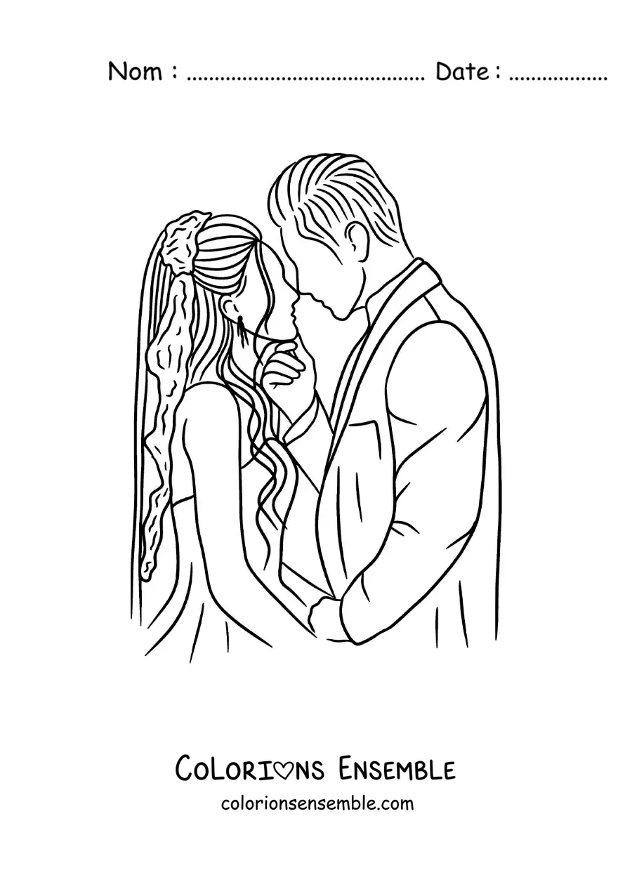 Image à colorier d’un baiser des mariés à leur mariage
