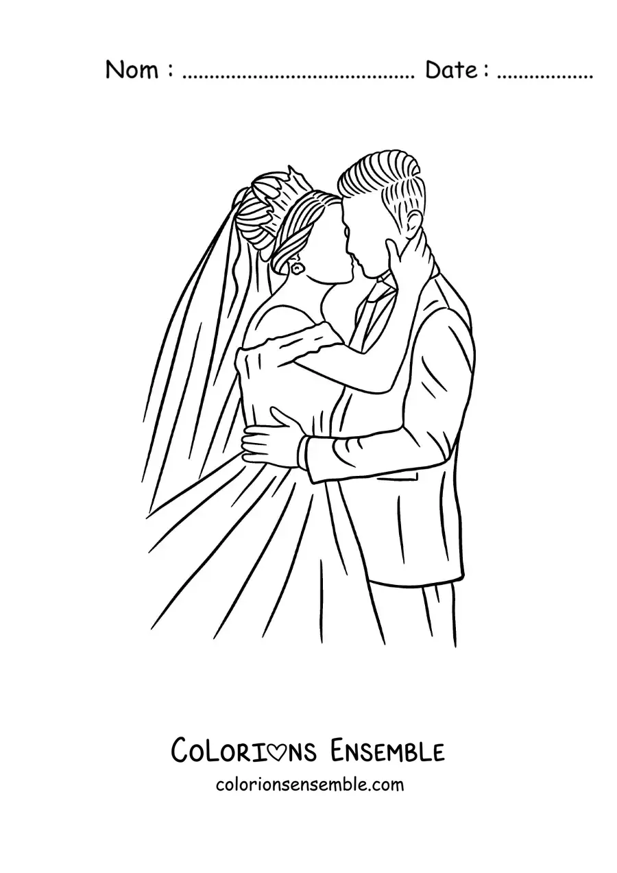 Image à colorier de mariés s’embrassant à leur mariage