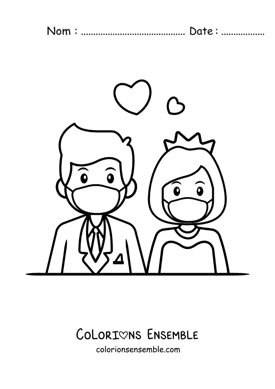 Image à colorier d’un mariage en quarantaine en dessin animé