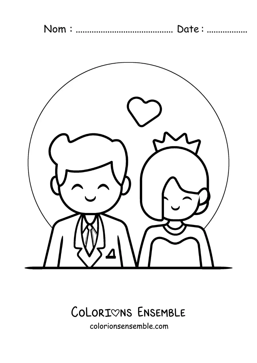 Image à colorier d’un couple heureux en dessin animé à leur mariage avec des cœurs