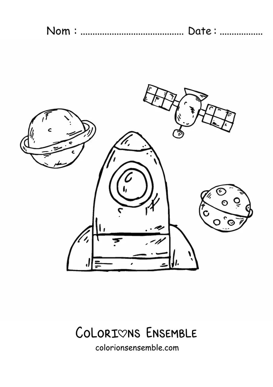 Image à colorier d'une fusée toute mignonne dans l'espace