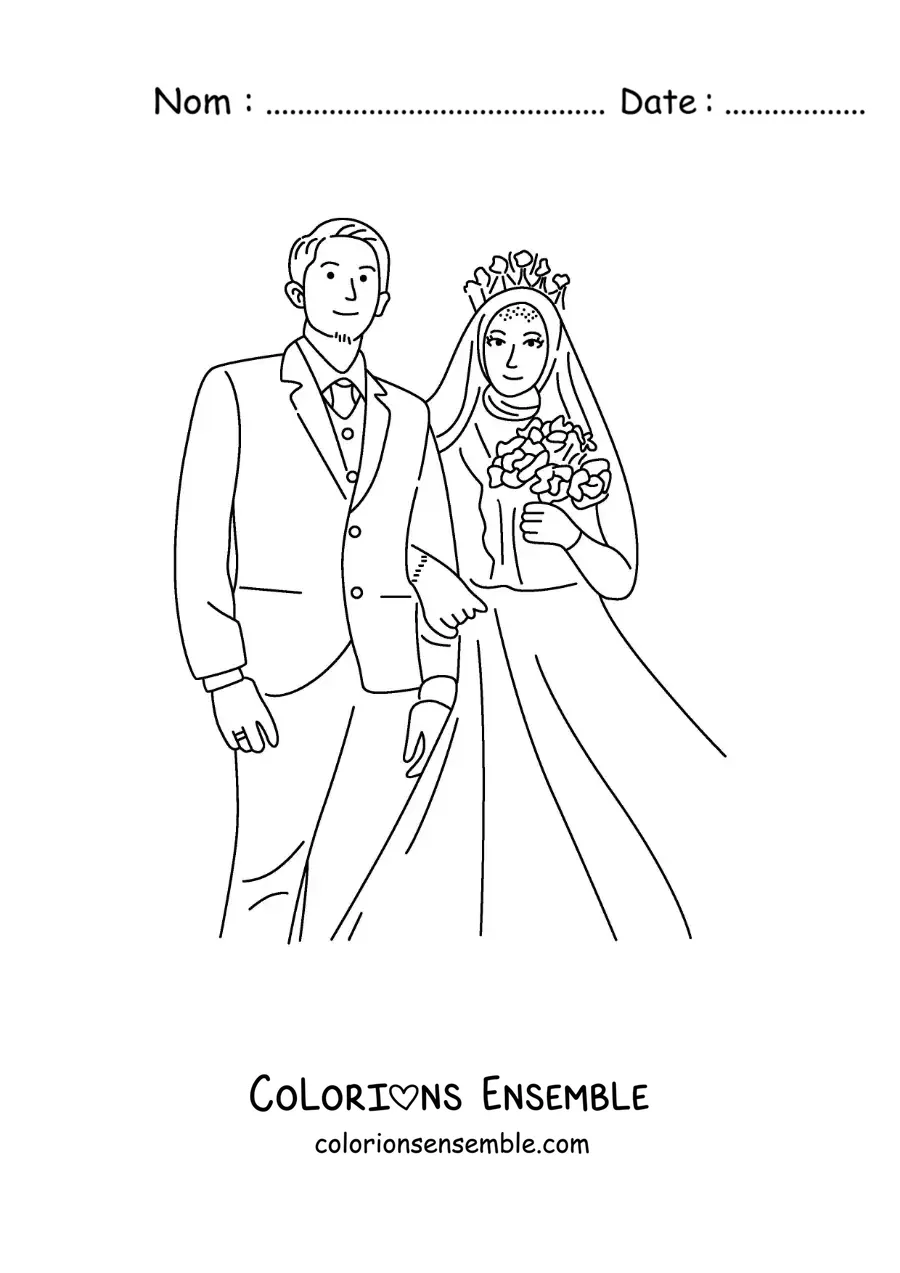 Dessin à colorier d’un beau couple de mariés, la mariée portant un hijab, le jour de leur mariage
