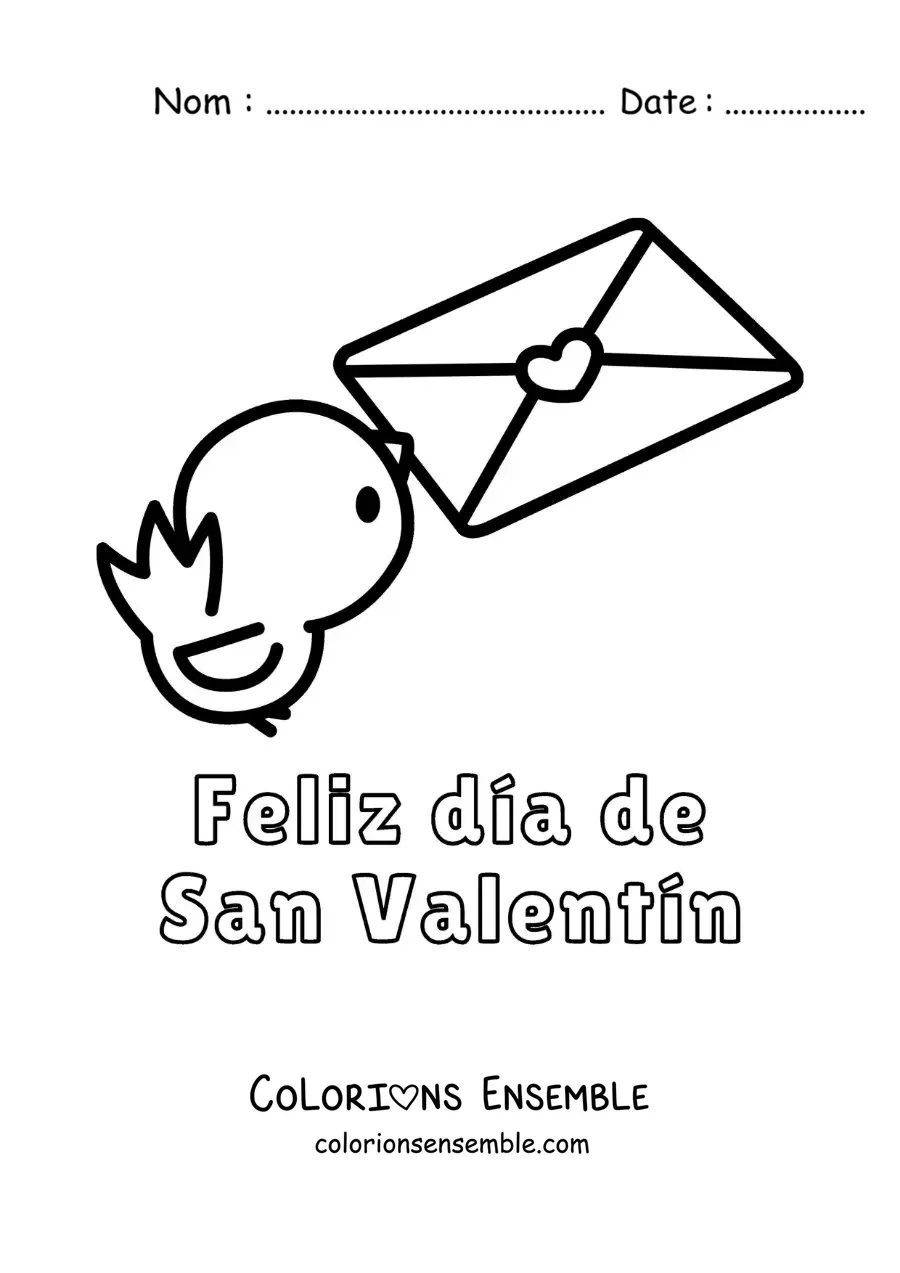 Dessin à colorier d’un oiseau tenant une lettre d’amour avec la phrase « Joyeuse Saint-Valentin »
