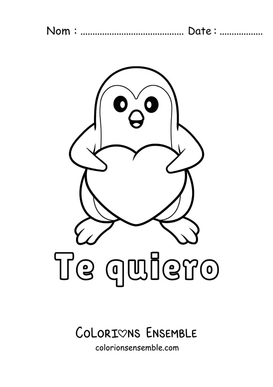 Dessin à colorier d’un pingouin tenant un cœur avec la phrase « Je t’aime »