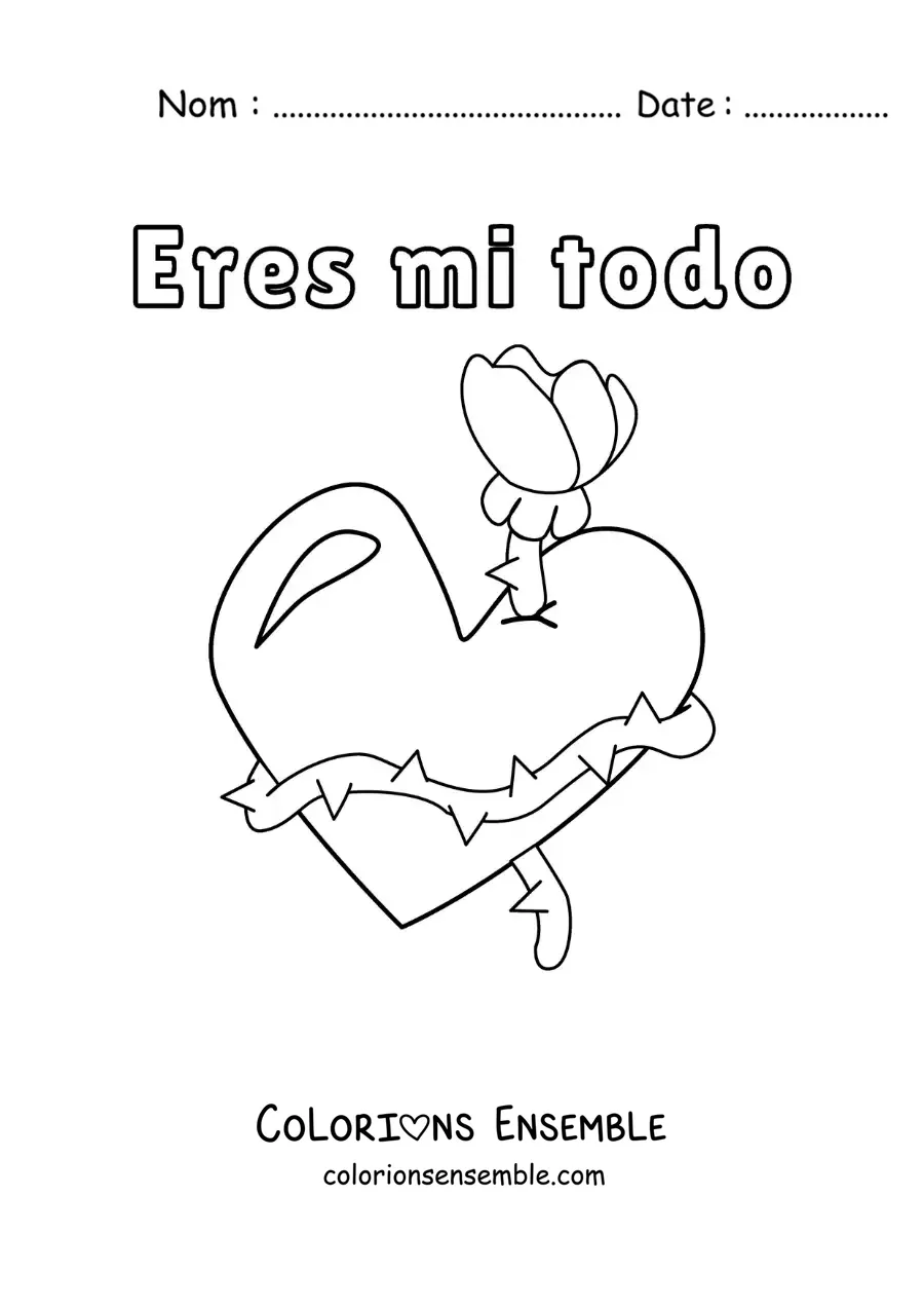 Dessin à colorier d’une rose avec un cœur et la phrase « Tu es mon tout »