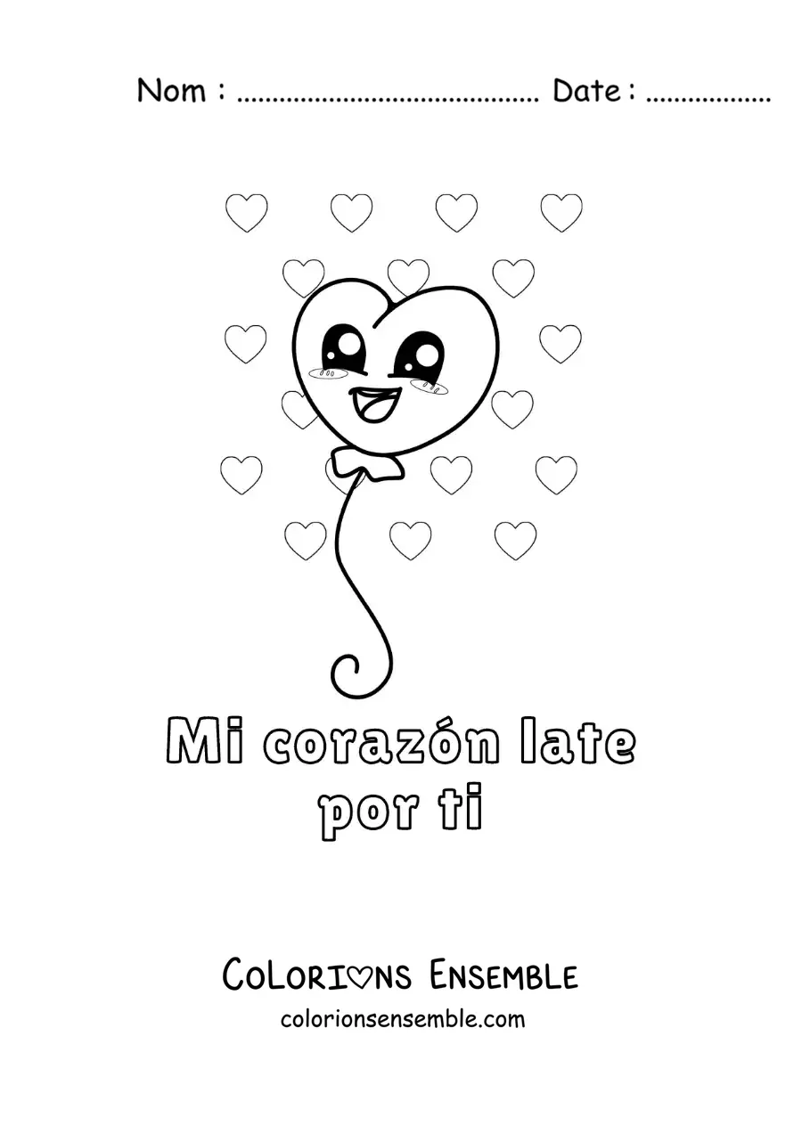 Dessin à colorier d’un ballon en forme de cœur avec la phrase « Mon cœur bat pour toi »