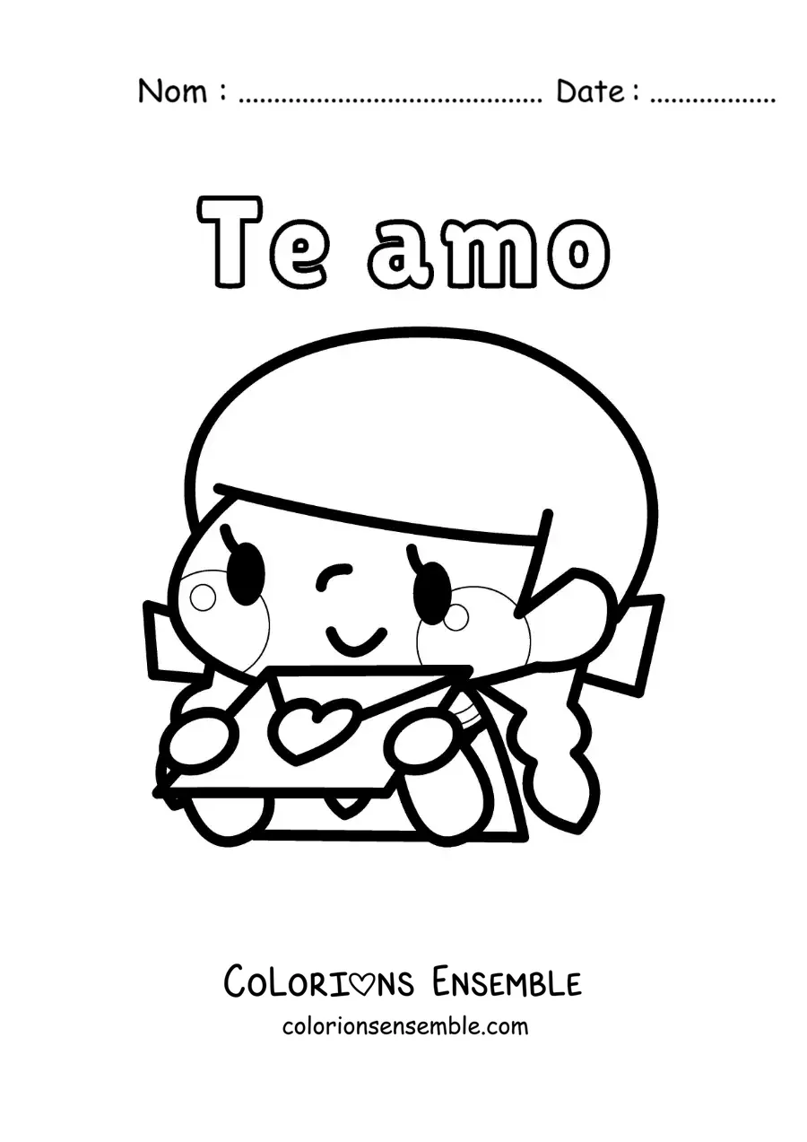 Dessin à colorier d’une fille tenant une lettre d’amour avec la phrase « Je t’aime »