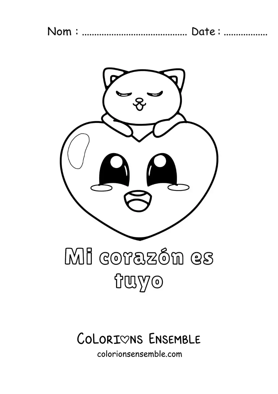 Dessin à colorier d’un chat tenant un cœur avec la phrase « Mon cœur est à toi »
