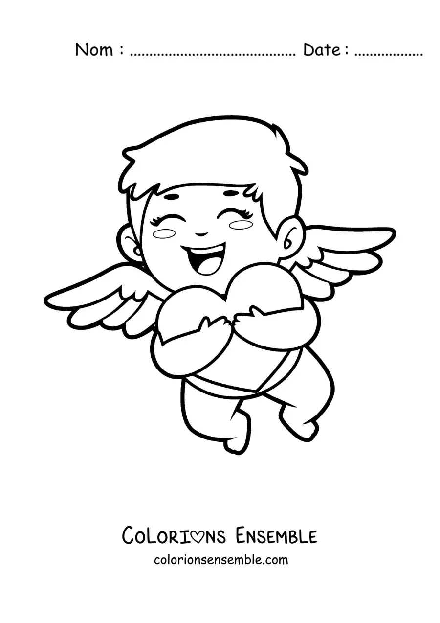 Dessin à colorier de Cupidon serrant un cœur dans ses bras