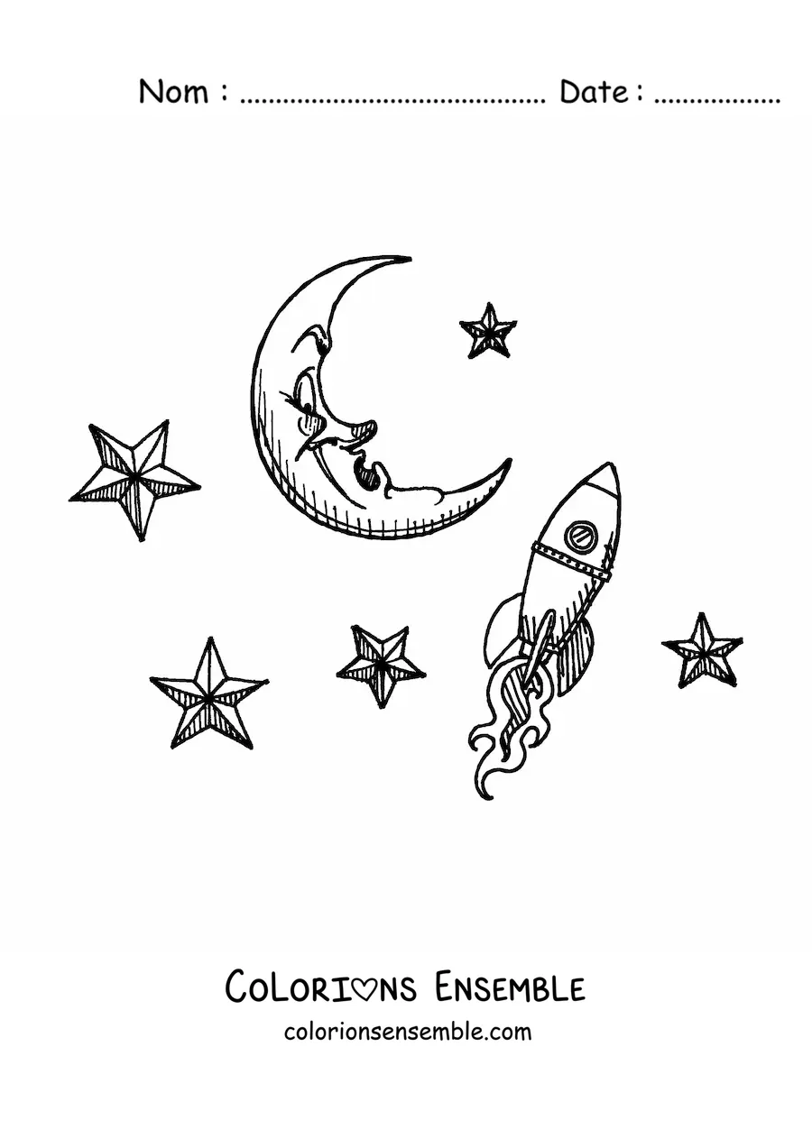 Image à colorier d'une fusée toute mignonne qui arrive sur la Lune