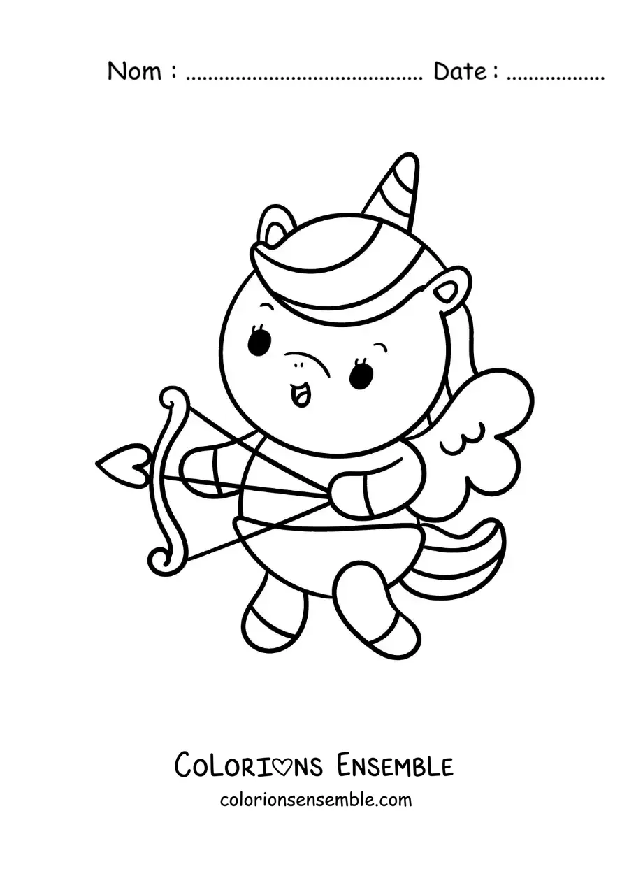 Dessin à colorier d’une licorne de dessin animé déguisée en Cupidon en train de tirer une flèche