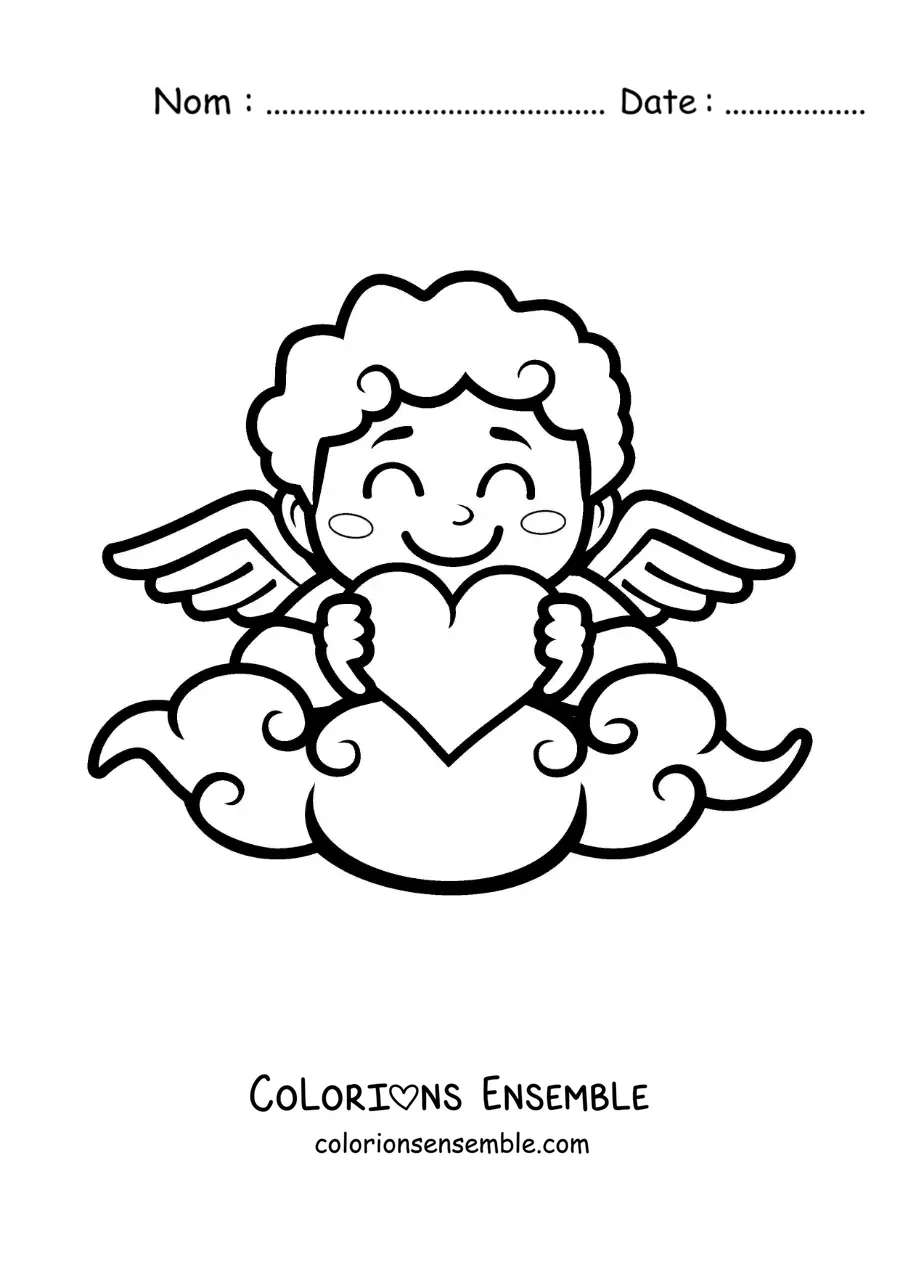 Dessin à colorier d’un Cupidon de dessin animé avec un cœur, posé sur un nuage