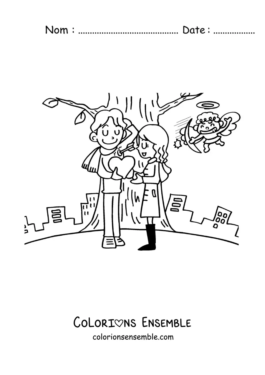 Dessin à colorier de Cupidon perçant d’une flèche un couple amoureux