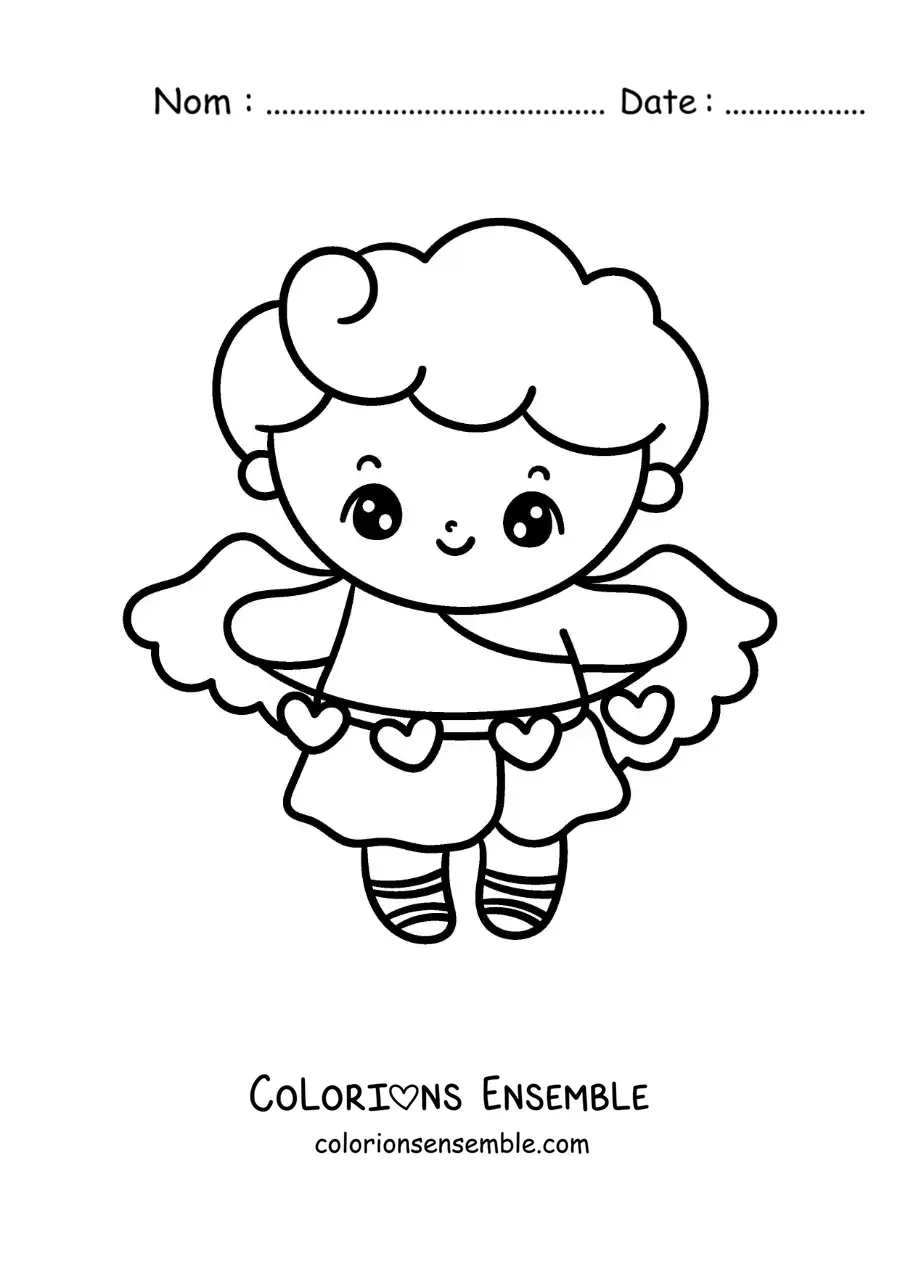 Dessin à colorier d’un Cupidon de dessin animé entouré de cœurs