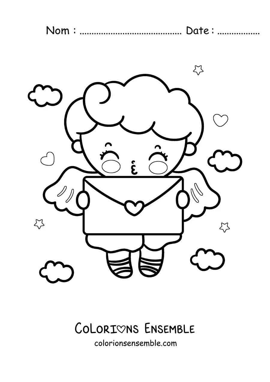Dessin à colorier d’un ange Cupidon de dessin animé tenant une lettre d’amour