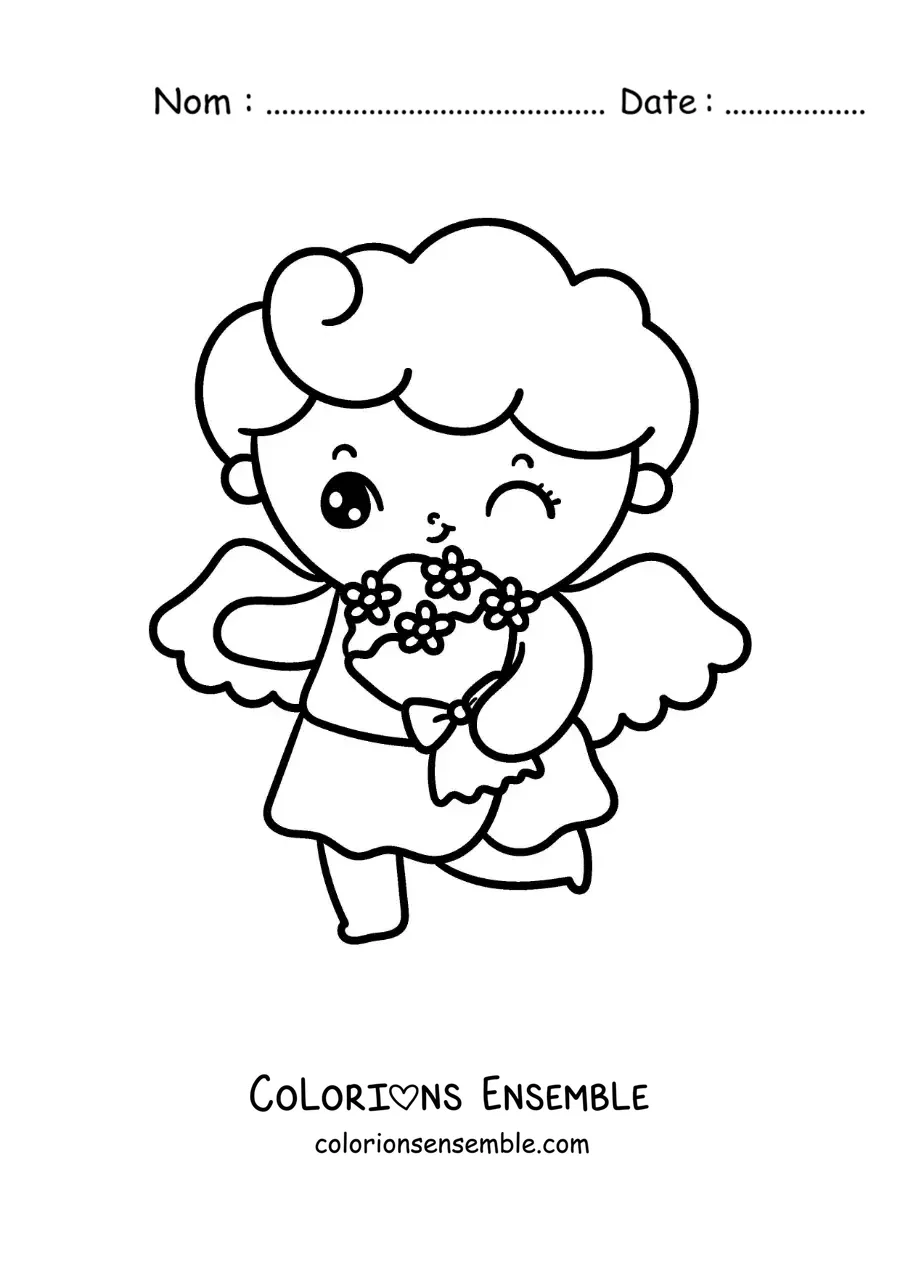 Dessin à colorier d’un ange Cupidon de dessin animé tenant un bouquet de fleurs