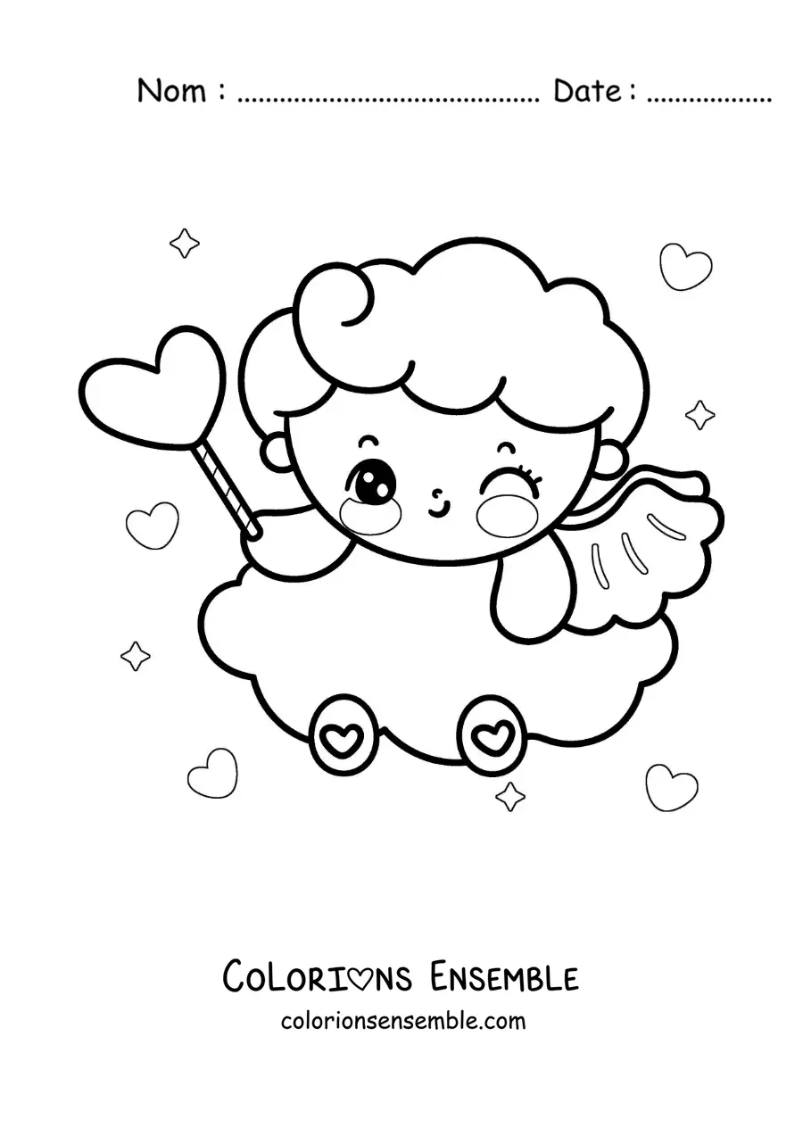 Dessin à colorier d’un ange Cupidon de dessin animé avec un cœur, posé sur un nuage