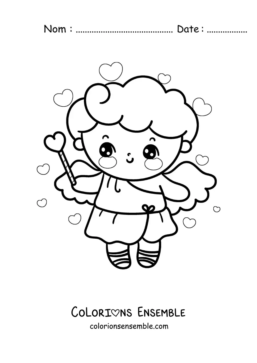 Dessin à colorier d’un ange Cupidon de dessin animé tenant un cœur
