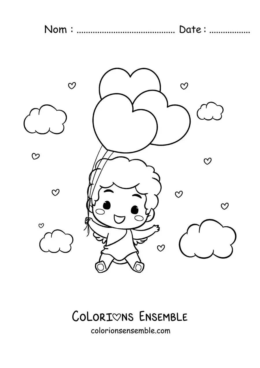 Dessin à colorier d’un drôle de bébé Cupidon de dessin animé avec des ballons en forme de cœur