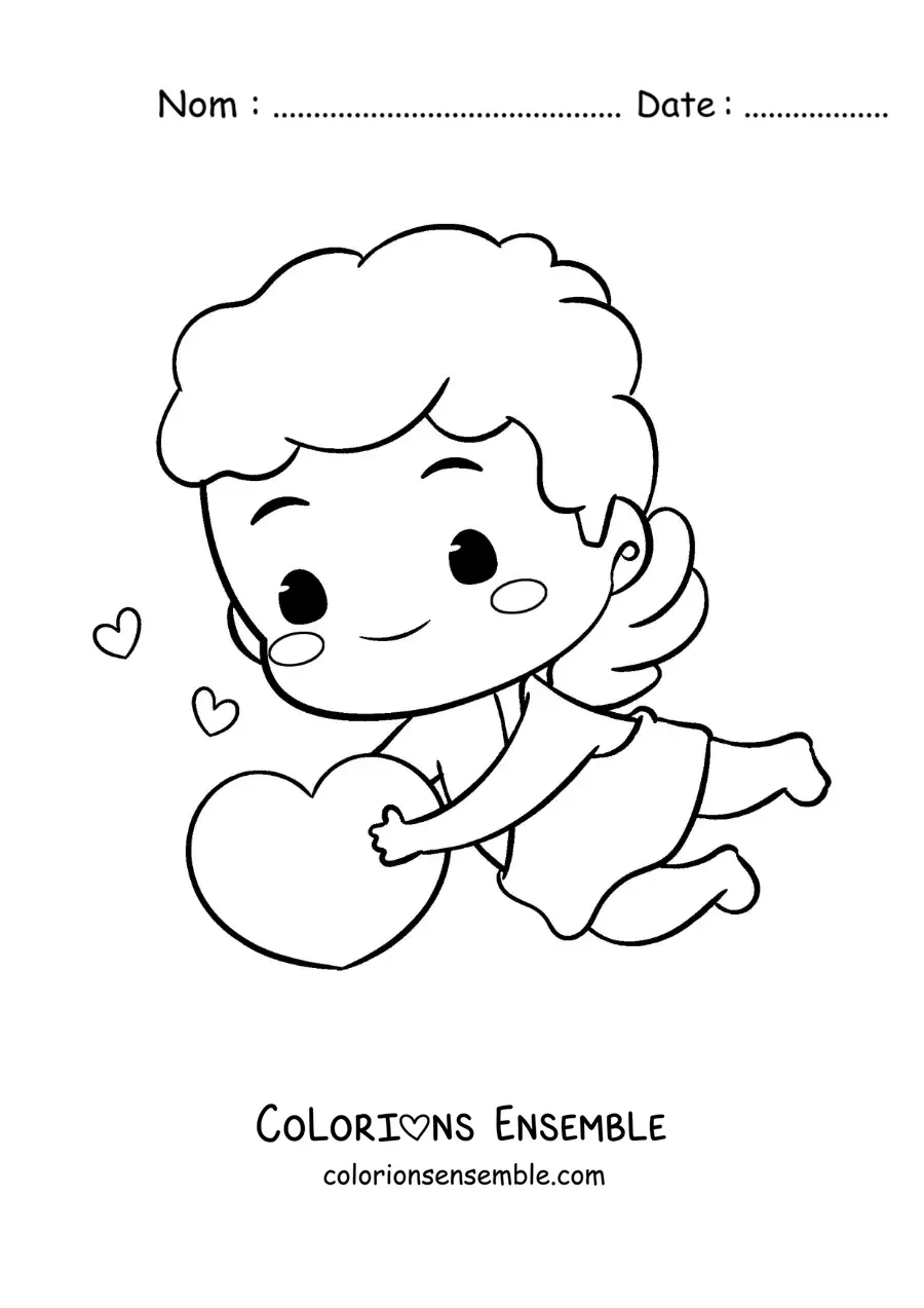 Dessin à colorier d’un mignon bébé Cupidon de dessin animé entouré de cœurs