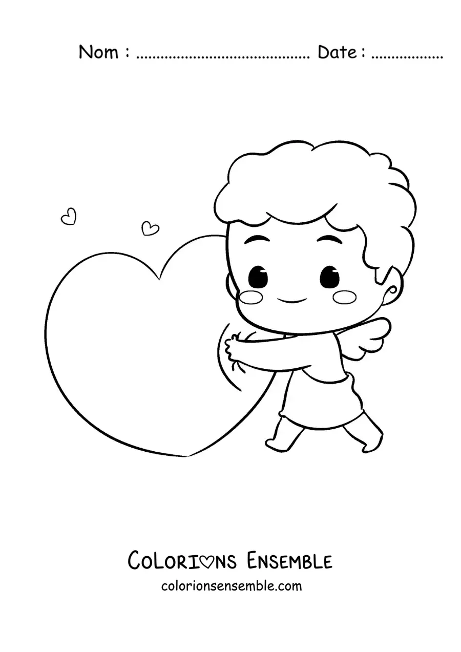 Dessin à colorier d’un mignon bébé Cupidon de dessin animé serrant un cœur dans ses bras