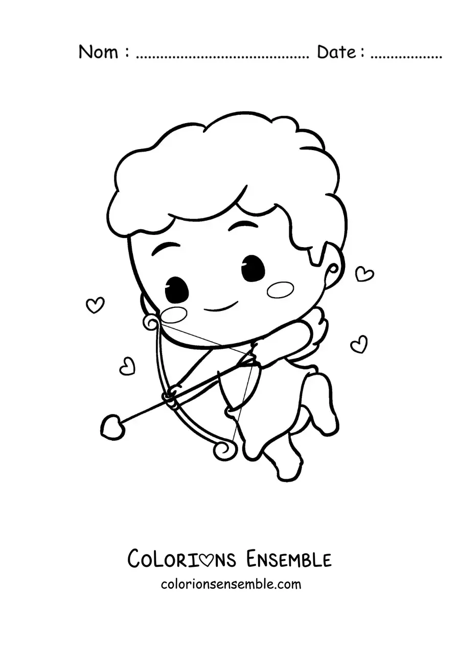 Dessin à colorier d’un mignon bébé Cupidon de dessin animé en train de tirer une flèche