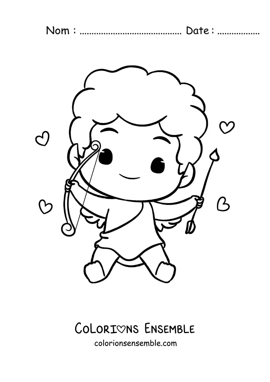 Dessin à colorier d’un mignon bébé Cupidon assis, entouré de cœurs