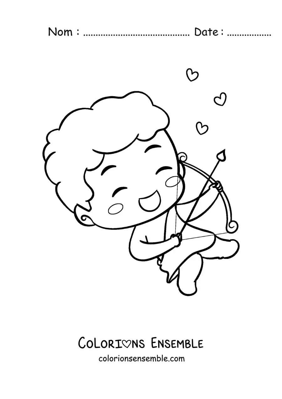 Dessin à colorier d’un mignon bébé Cupidon rigolo avec un arc et une flèche