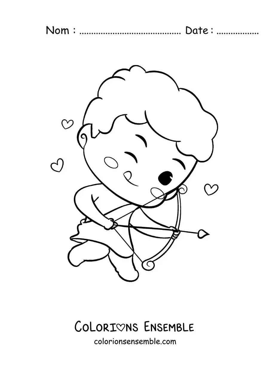 Dessin à colorier d’un mignon bébé Cupidon rigolo en train de tirer une flèche