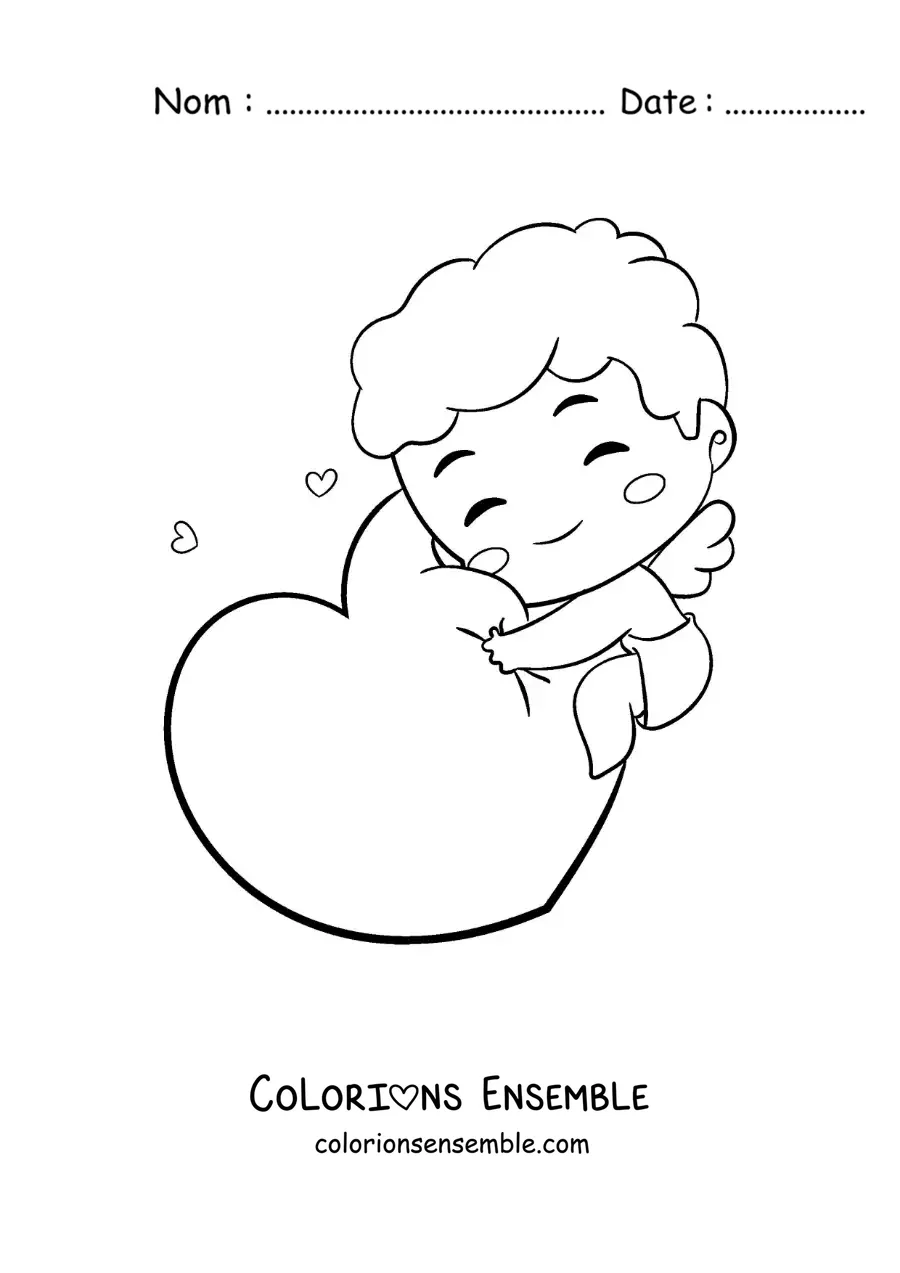 Dessin à colorier d’un mignon bébé Cupidon rigolo serrant un cœur dans ses bras
