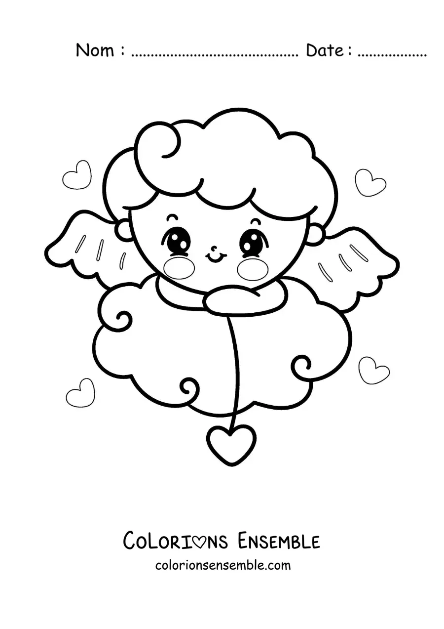 Dessin à colorier d’un mignon bébé Cupidon de dessin animé posé sur un nuage