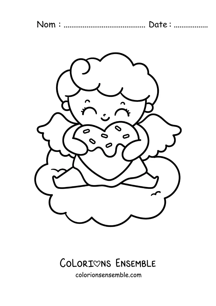 Dessin à colorier d’un mignon bébé Cupidon de dessin animé avec un biscuit en forme de cœur