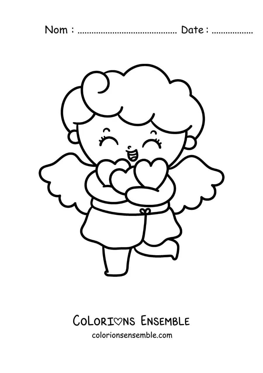 Dessin à colorier d’un mignon bébé Cupidon entouré de cœurs