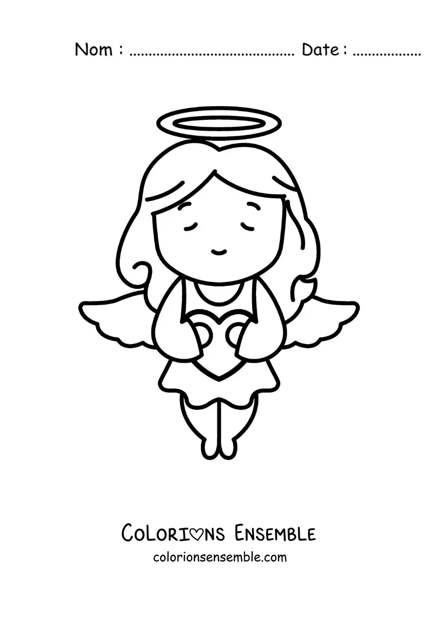 Dessin à colorier d’un ange Cupidon volant en tenant un cœur