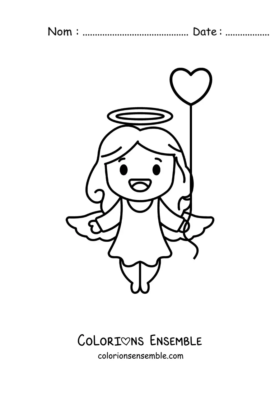Dessin à colorier d’un Cupidon de dessin animé avec un ballon en forme de cœur