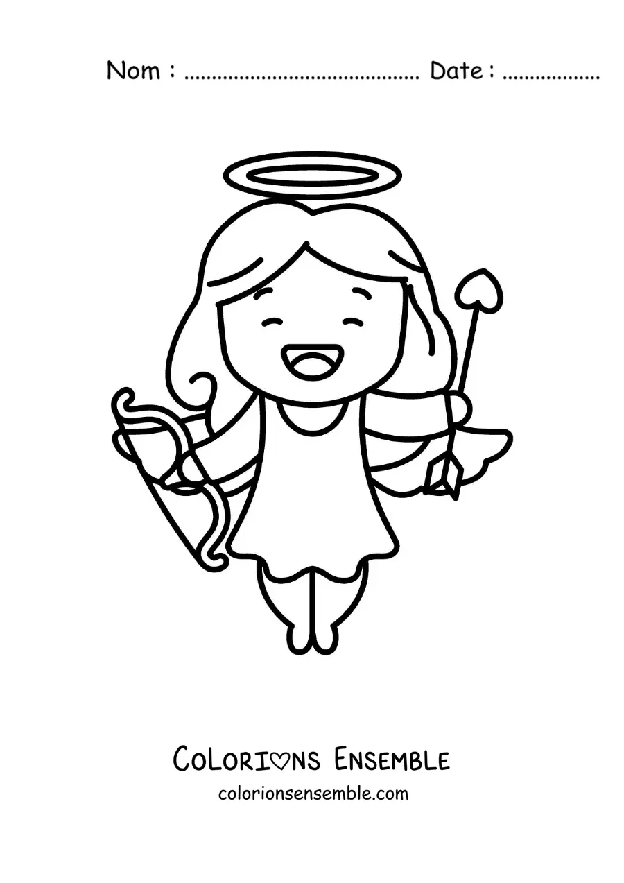 Dessin à colorier d’un Cupidon de dessin animé souriant avec un arc et une flèche
