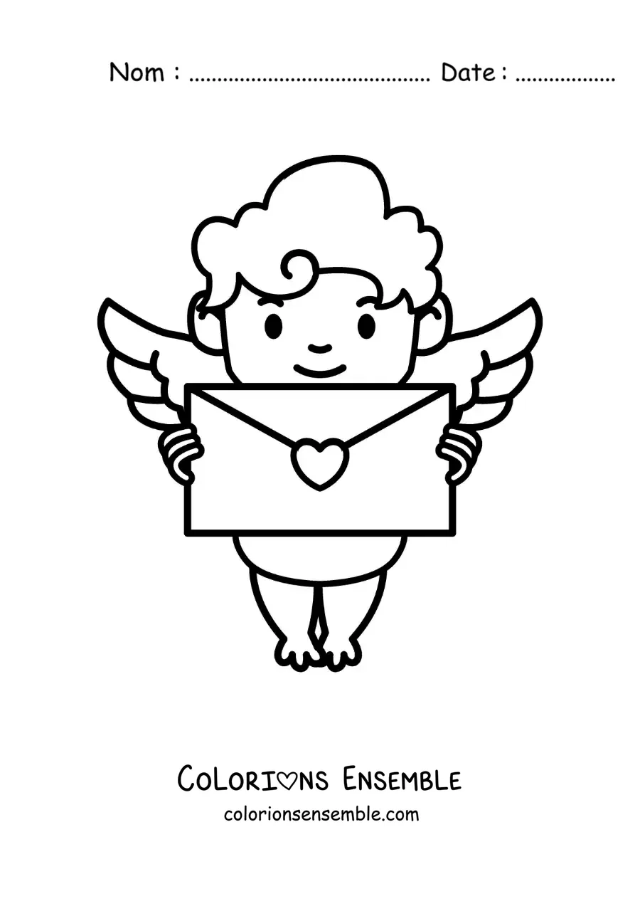 Dessin à colorier d’un Cupidon de dessin animé tenant une lettre d’amour