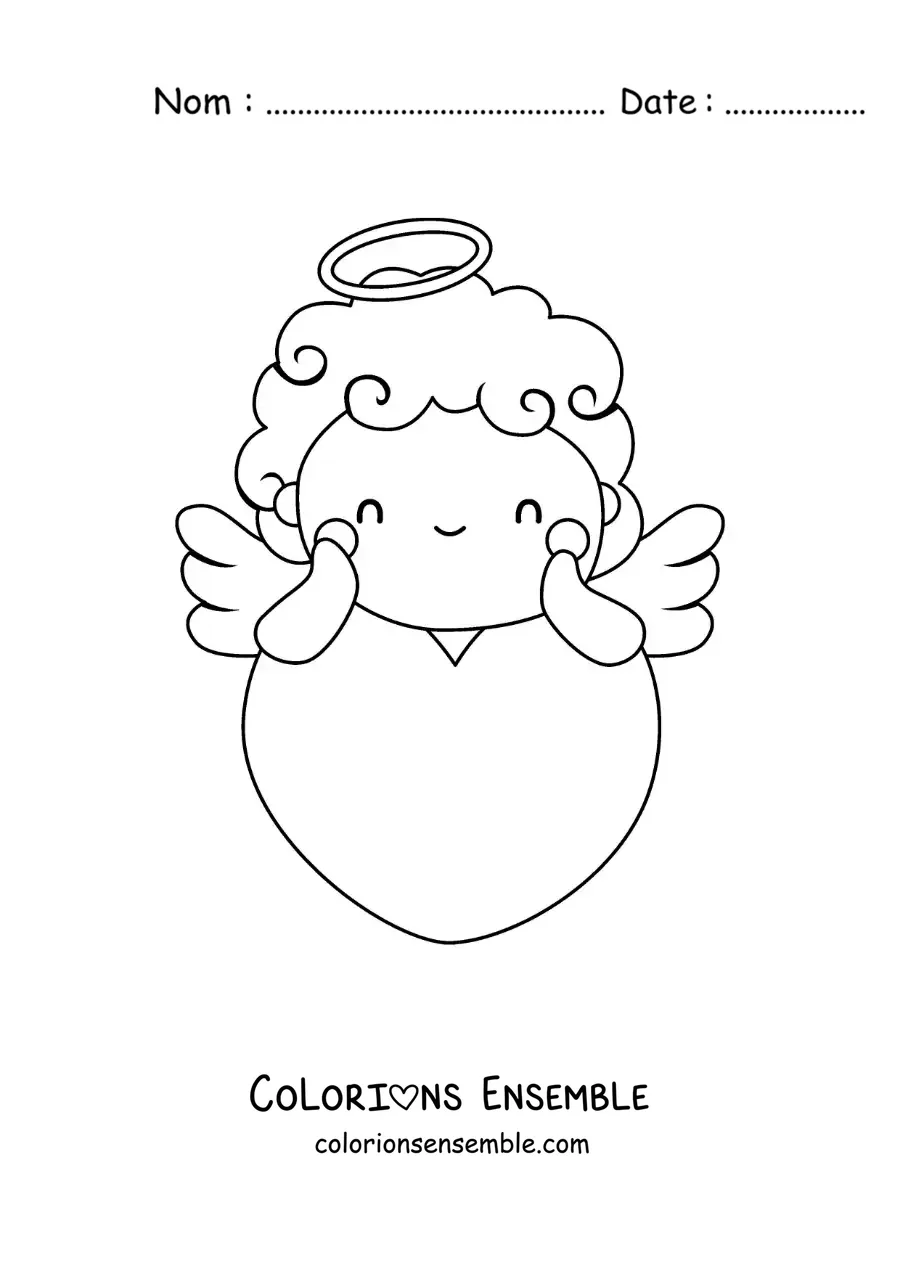 Dessin à colorier de Cupidon appuyé sur un cœur géant