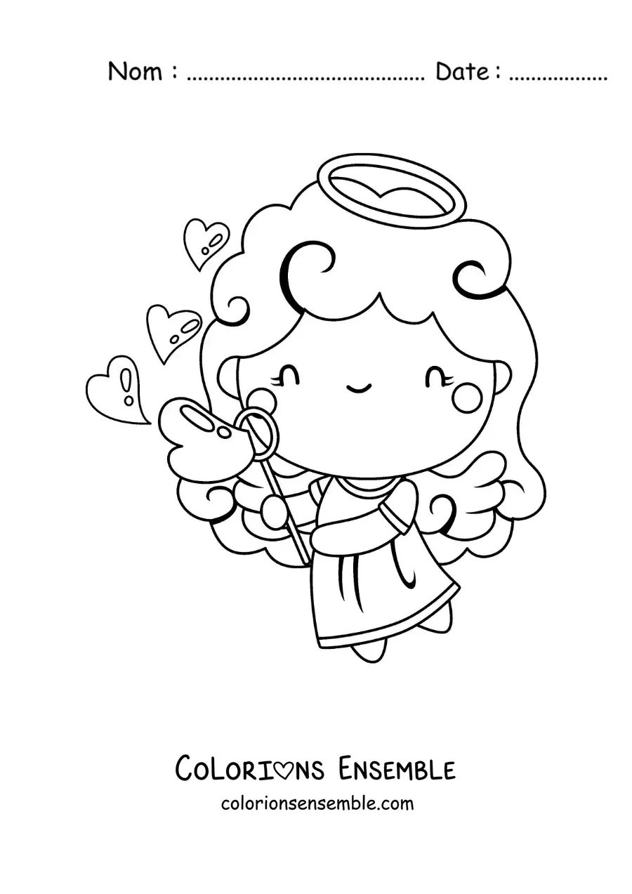 Dessin à colorier d’un ange Cupidon avec des bulles en forme de cœur