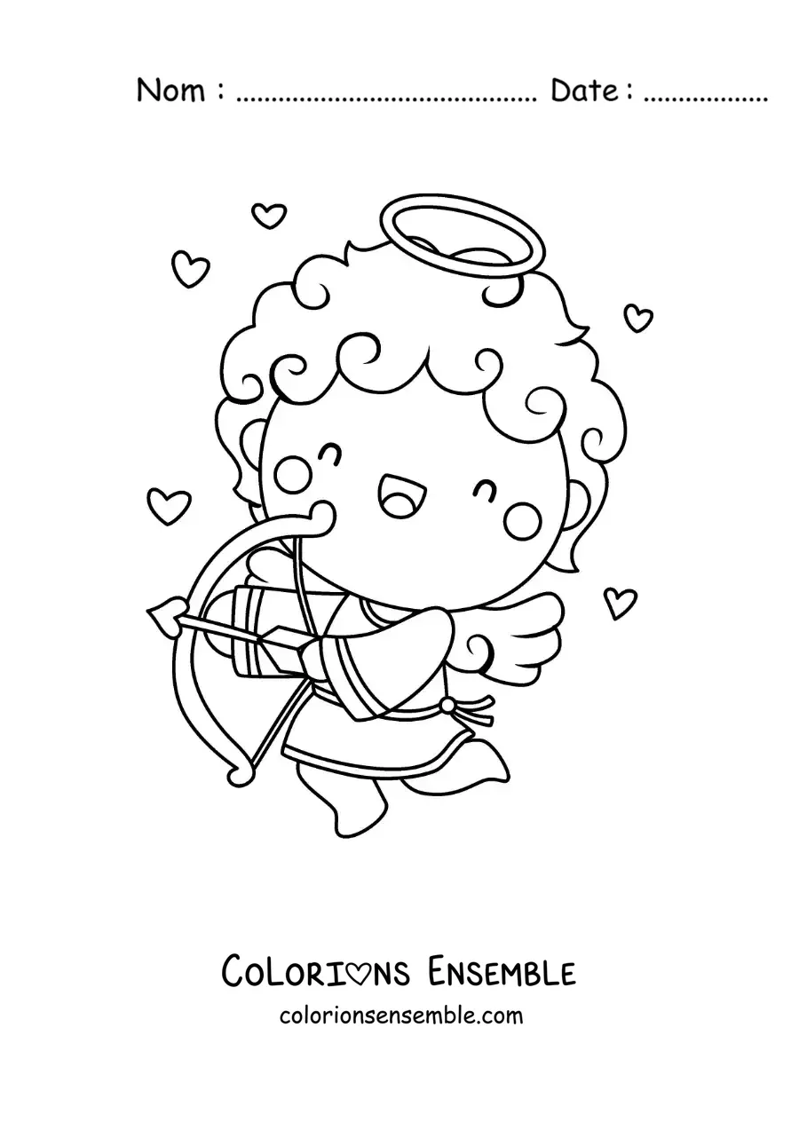 Dessin à colorier d’un ange Cupidon en train de tirer une flèche, entouré de cœurs