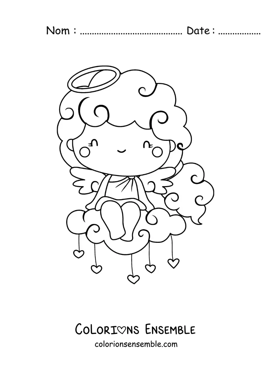 Dessin à colorier d’un ange Cupidon posé sur un nuage, entouré de cœurs
